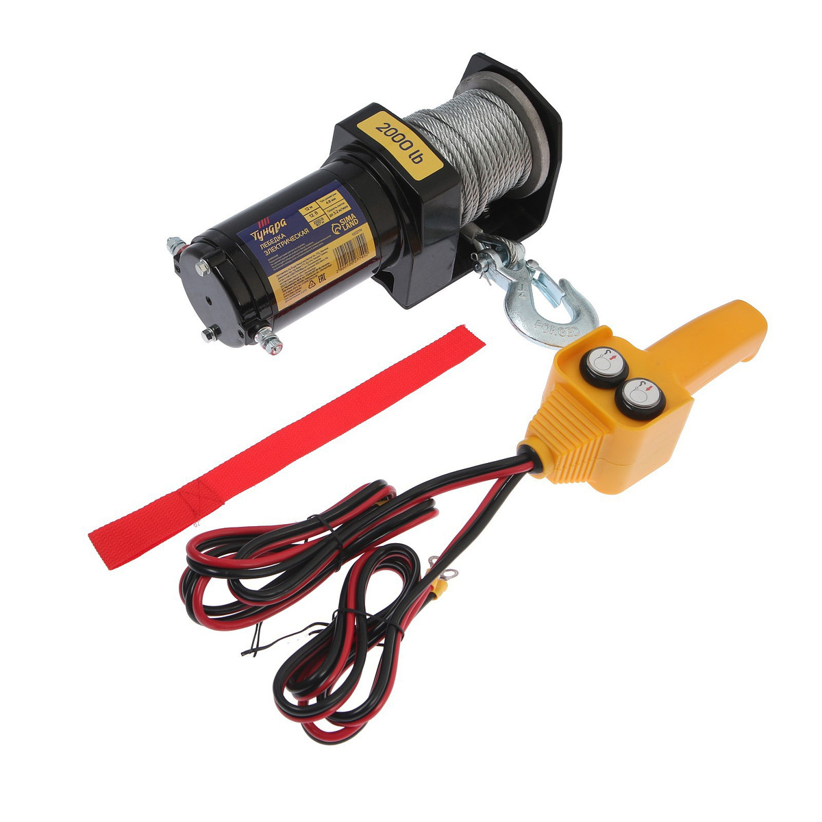 Лебедка электрическая тундра, 12v, 2000 lb (0.9 т), 1 л.с., до 3.2 м/мин, 4.8 мм × 12 м
